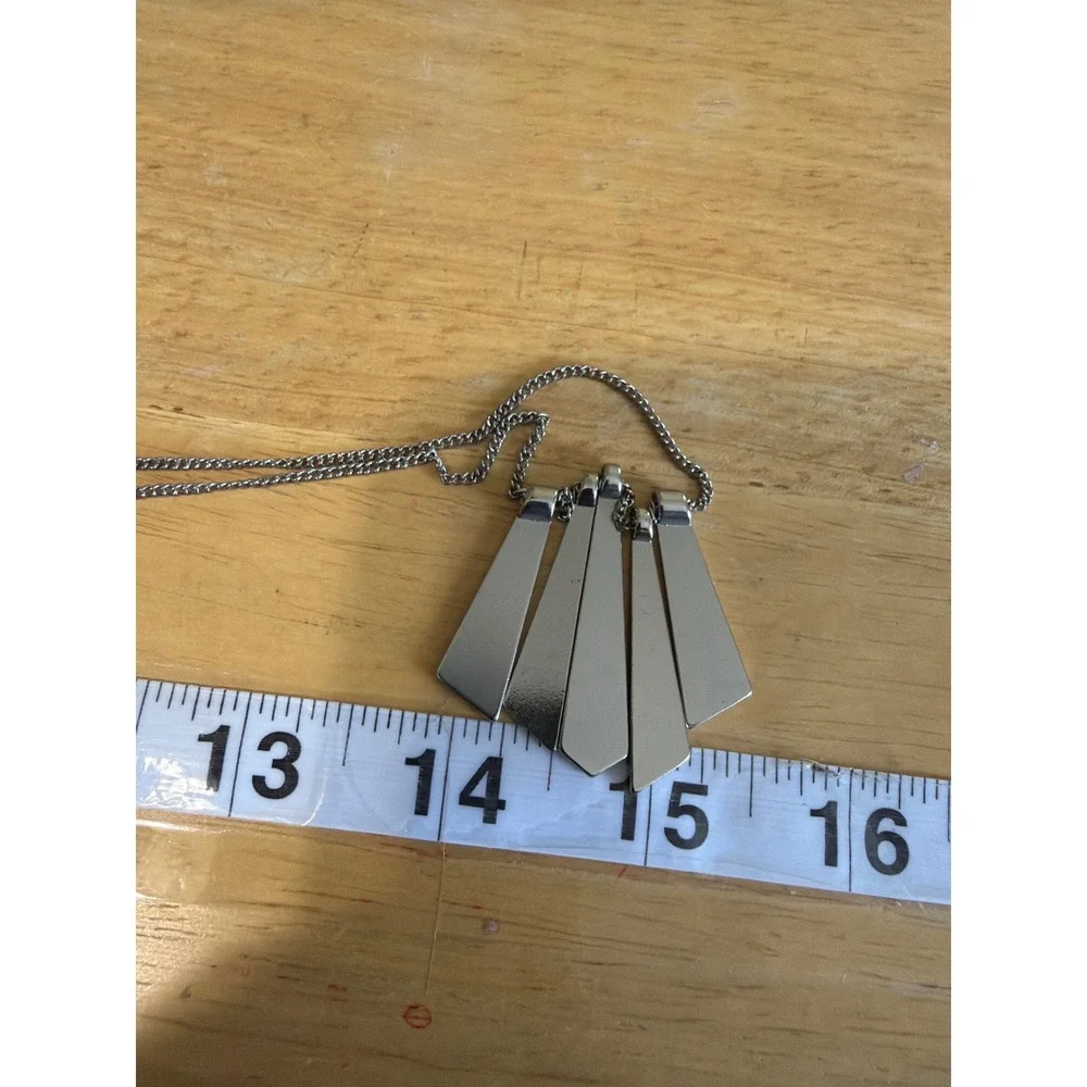 Silver Tone Geometric Fan Tapered Bar Pendant Long Necklace Layering